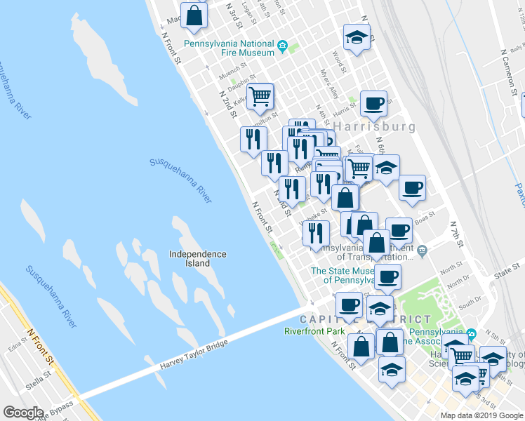 map of restaurants, bars, coffee shops, grocery stores, and more near 1405 N Front St in Harrisburg