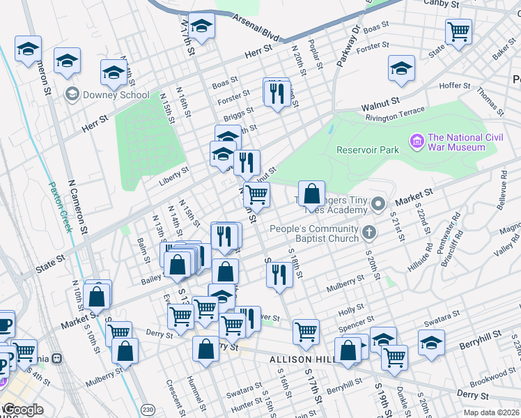 map of restaurants, bars, coffee shops, grocery stores, and more near 1718 Regina Street in Harrisburg