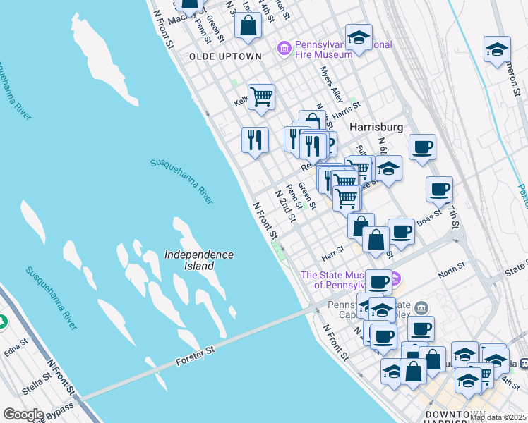 map of restaurants, bars, coffee shops, grocery stores, and more near 1405 N Front St in Harrisburg