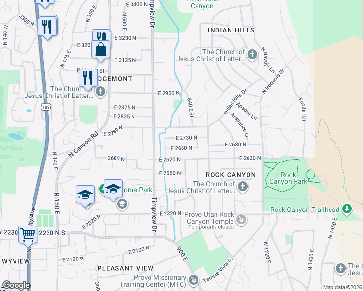 map of restaurants, bars, coffee shops, grocery stores, and more near 788 East 2680 North in Provo