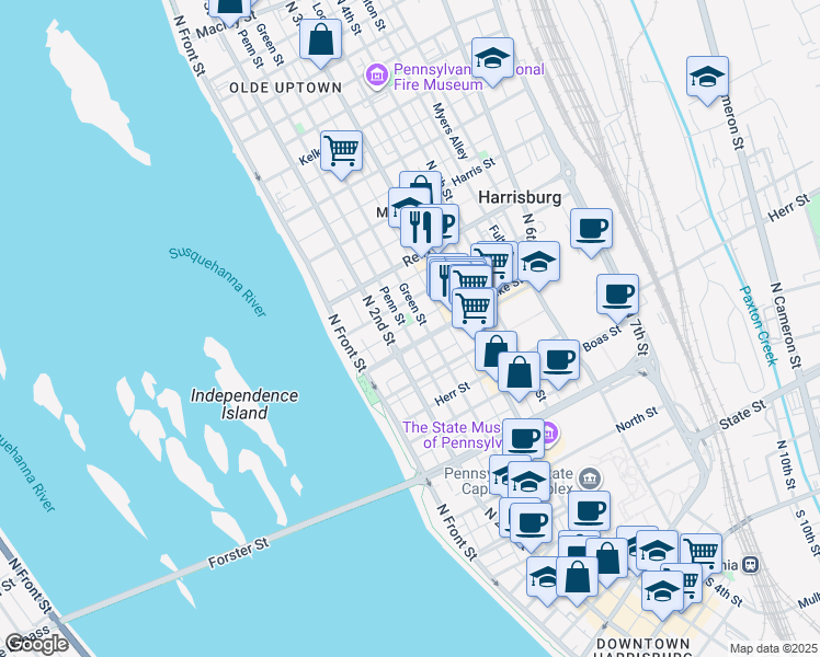 map of restaurants, bars, coffee shops, grocery stores, and more near 1317 Penn Street in Harrisburg