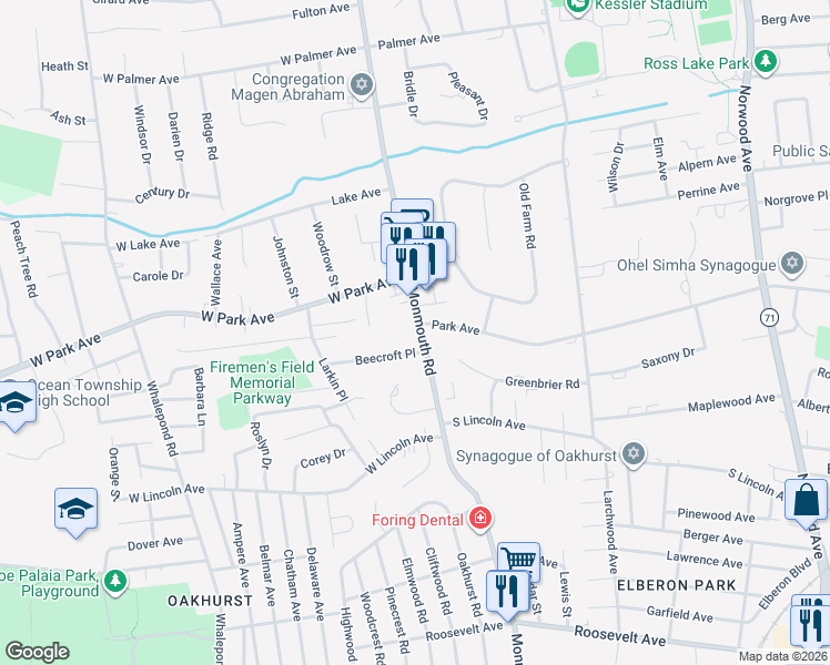 map of restaurants, bars, coffee shops, grocery stores, and more near 82 Monmouth Road in Monmouth County