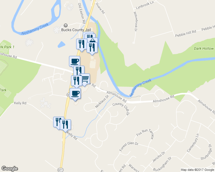 map of restaurants, bars, coffee shops, grocery stores, and more near 702 Eagle Lane in Doylestown