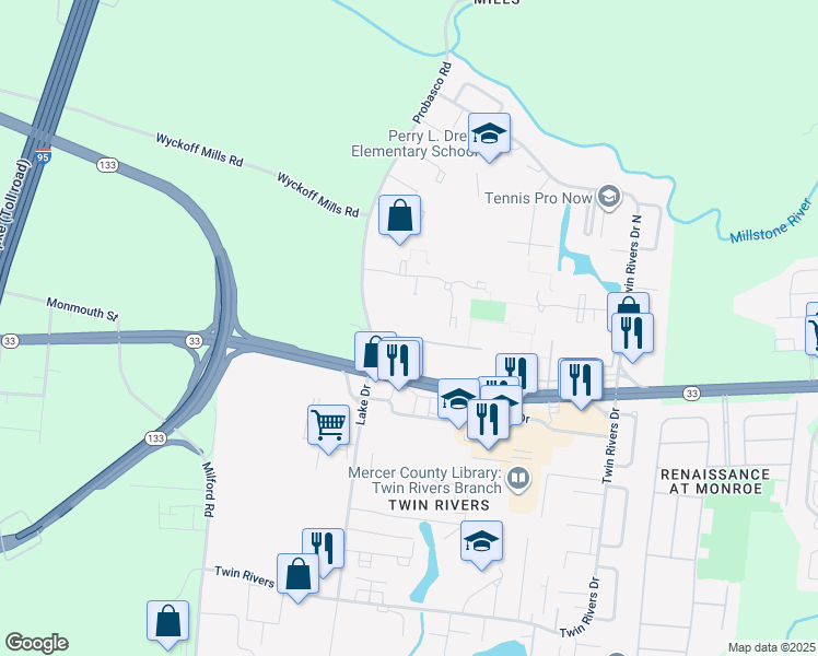 map of restaurants, bars, coffee shops, grocery stores, and more near E21 Avon Drive in East Windsor