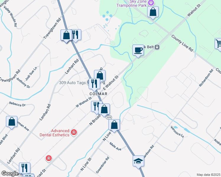 map of restaurants, bars, coffee shops, grocery stores, and more near 2883 East Walnut Street in Colmar