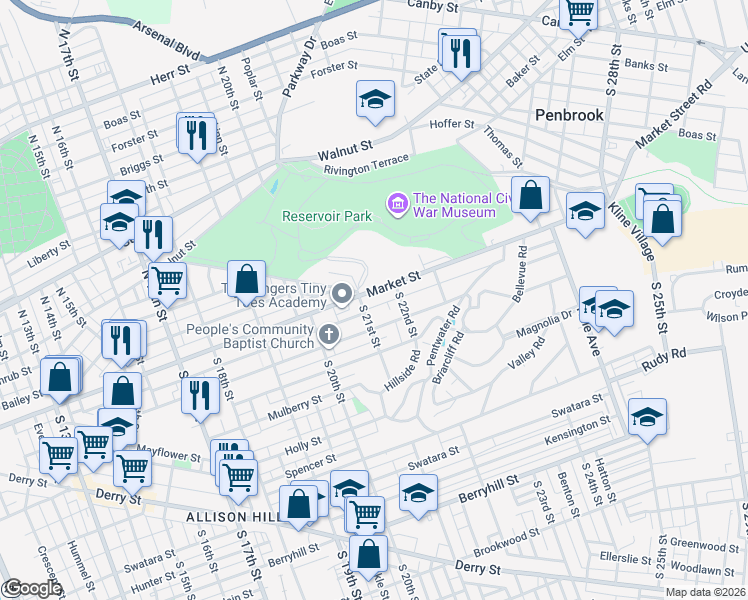 map of restaurants, bars, coffee shops, grocery stores, and more near 16 South 21st Street in Harrisburg