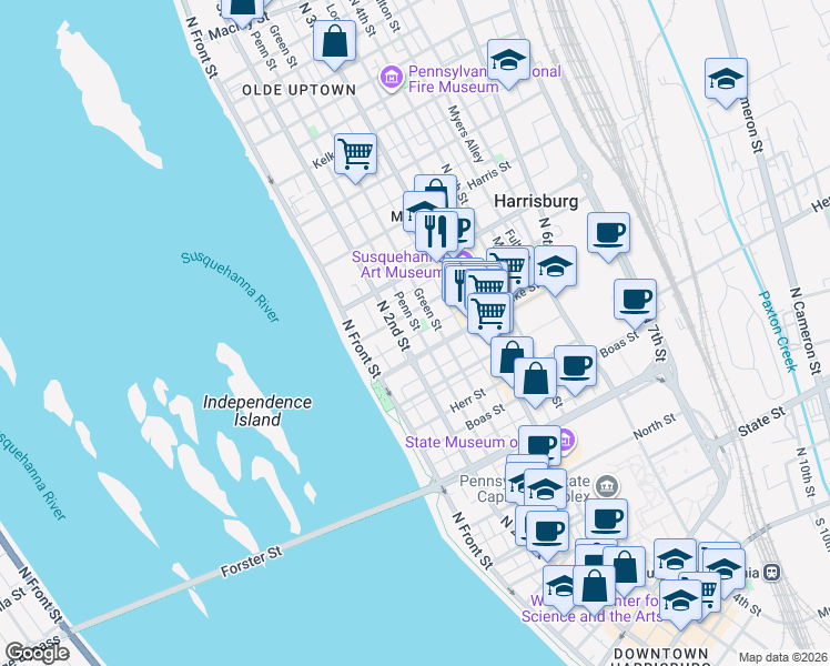 map of restaurants, bars, coffee shops, grocery stores, and more near in Harrisburg