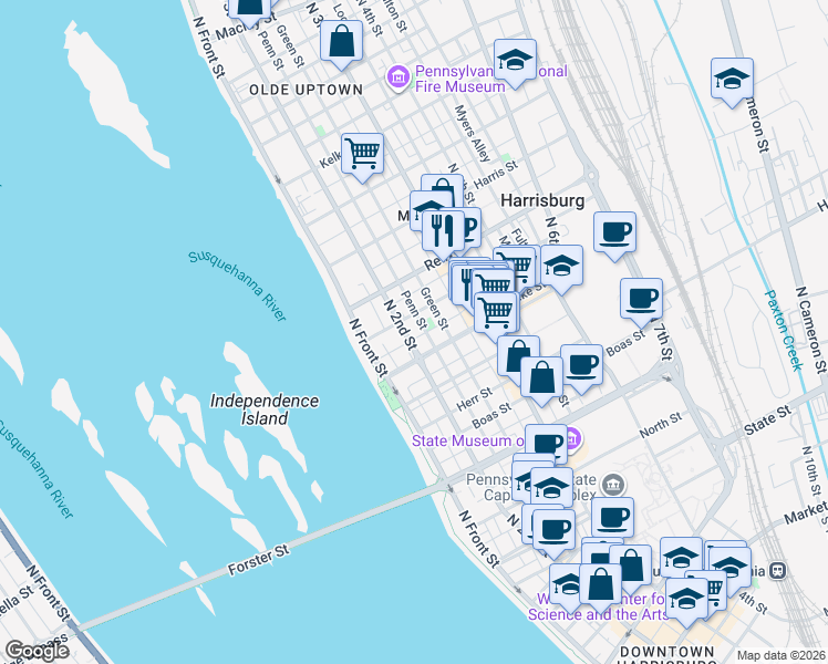 map of restaurants, bars, coffee shops, grocery stores, and more near in Harrisburg