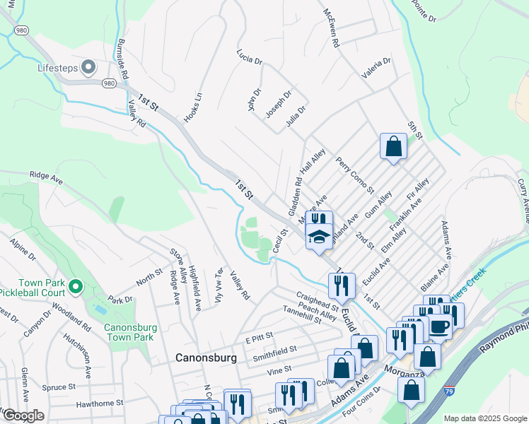 map of restaurants, bars, coffee shops, grocery stores, and more near 1017 1st Street in Canonsburg