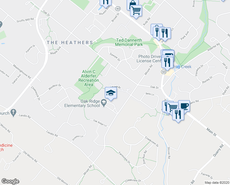 map of restaurants, bars, coffee shops, grocery stores, and more near 348 Pondview Drive in Harleysville