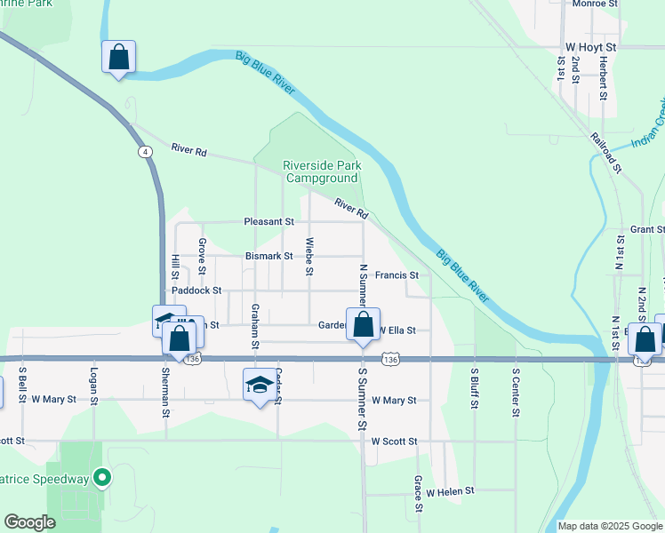 map of restaurants, bars, coffee shops, grocery stores, and more near 311 North Sumner Street in Beatrice