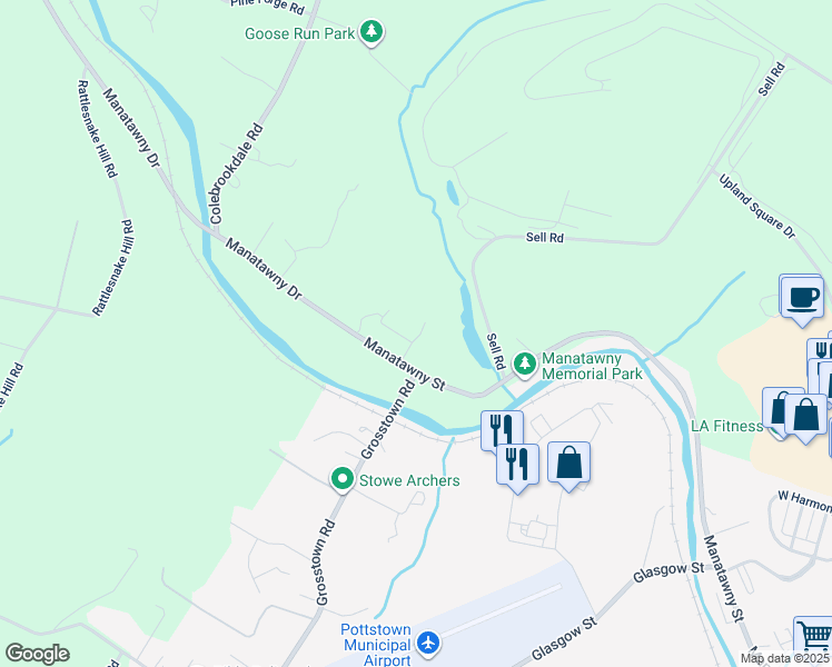 map of restaurants, bars, coffee shops, grocery stores, and more near 1220 Manatawny Street in Pottstown