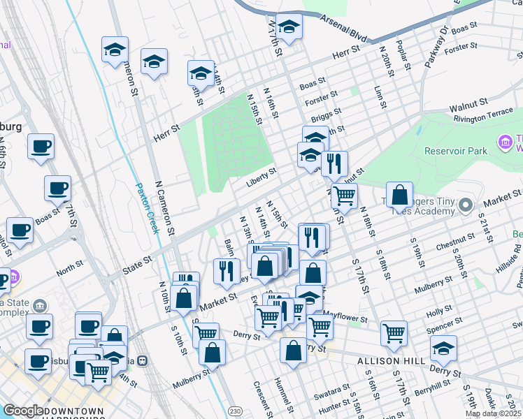 map of restaurants, bars, coffee shops, grocery stores, and more near 243 North 14th Street in Harrisburg
