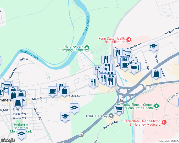 map of restaurants, bars, coffee shops, grocery stores, and more near 10 Cameron Avenue in Hummelstown