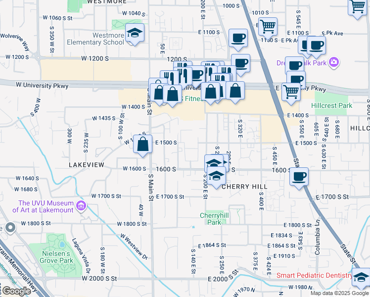 map of restaurants, bars, coffee shops, grocery stores, and more near 1532 South 125 East Street in Orem