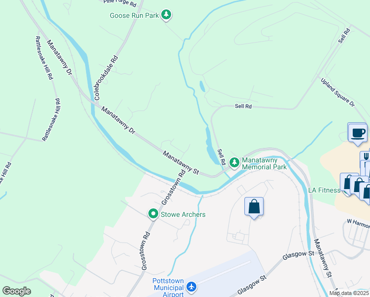 map of restaurants, bars, coffee shops, grocery stores, and more near 1220 Manatawny Street in Pottstown