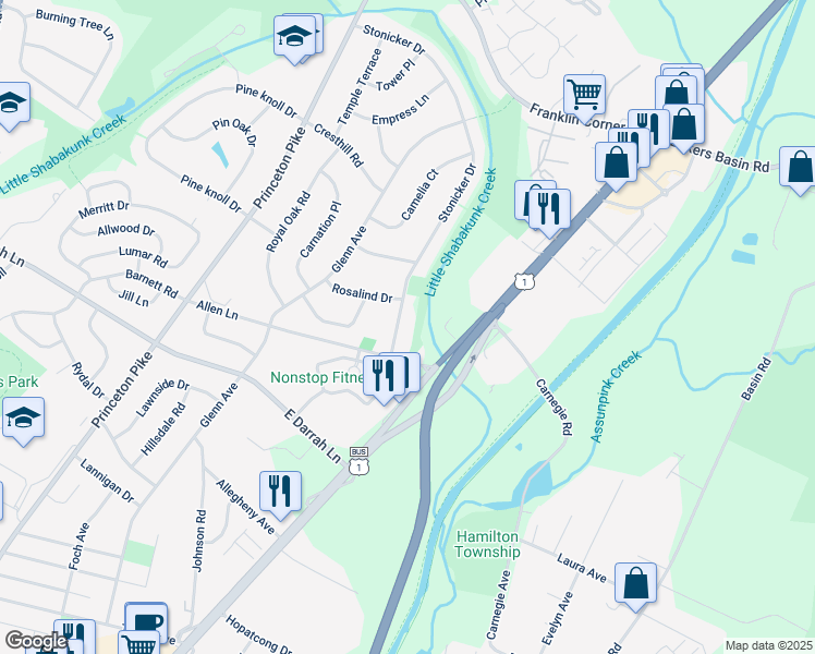 map of restaurants, bars, coffee shops, grocery stores, and more near 78 Stonicker Drive in Lawrence Township