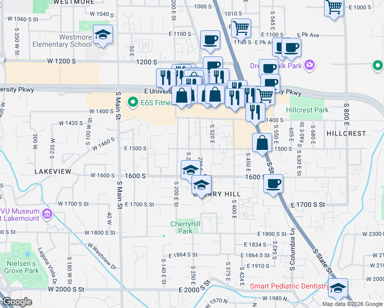 map of restaurants, bars, coffee shops, grocery stores, and more near 1546 280 East in Orem