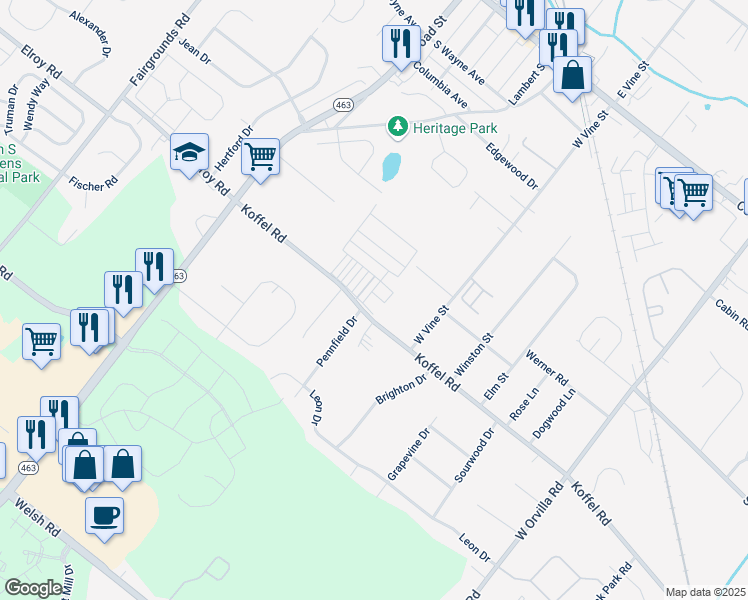 map of restaurants, bars, coffee shops, grocery stores, and more near 1252 Koffel Road in Hatfield