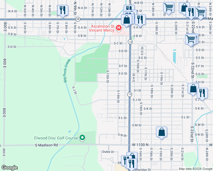 map of restaurants, bars, coffee shops, grocery stores, and more near 1308 South I Street in Elwood