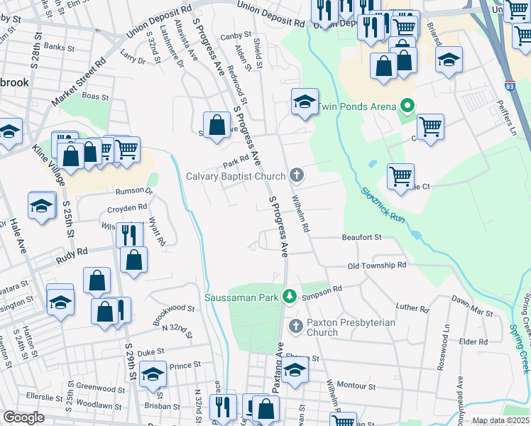 map of restaurants, bars, coffee shops, grocery stores, and more near 1001 South Progress Avenue in Harrisburg