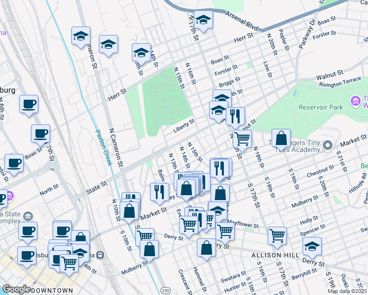 map of restaurants, bars, coffee shops, grocery stores, and more near 245 North 14th Street in Harrisburg