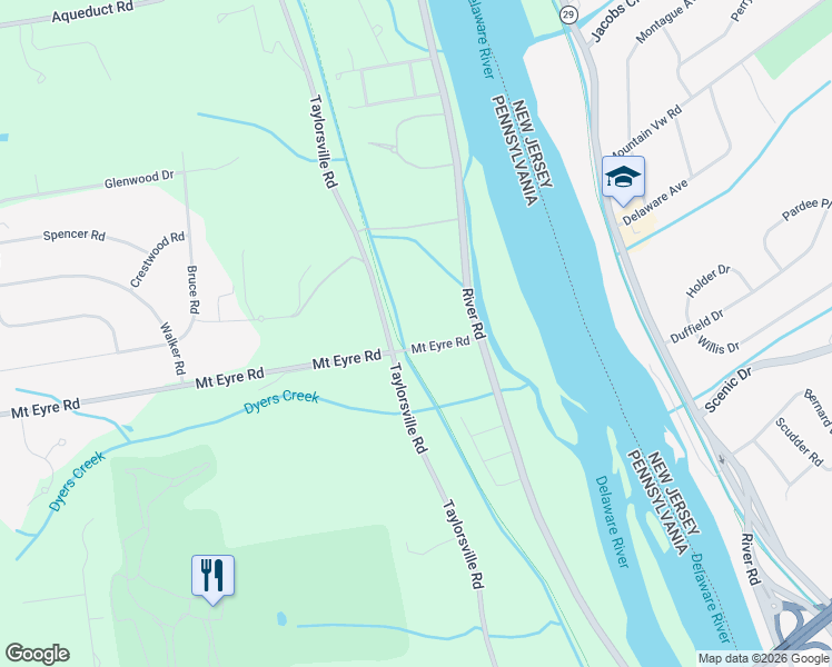 map of restaurants, bars, coffee shops, grocery stores, and more near 1155 Mount Eyre Road in Washington Crossing