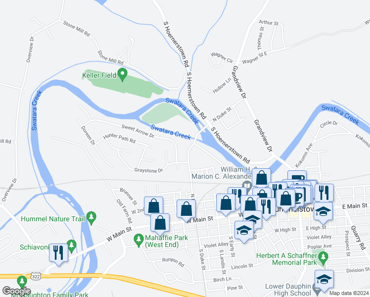 map of restaurants, bars, coffee shops, grocery stores, and more near 235 North Duke Street in Hummelstown