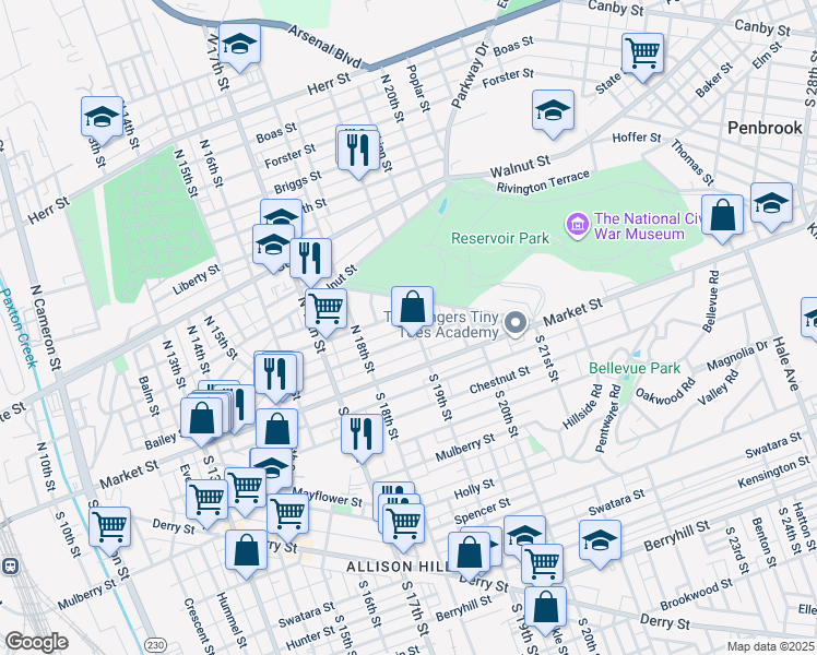 map of restaurants, bars, coffee shops, grocery stores, and more near 36 North 19th Street in Harrisburg
