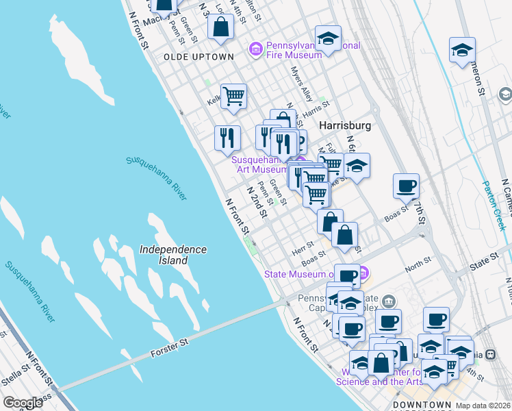 map of restaurants, bars, coffee shops, grocery stores, and more near 1332 North 2nd Street in Harrisburg