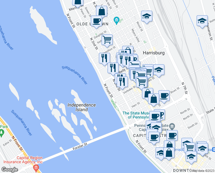 map of restaurants, bars, coffee shops, grocery stores, and more near 1409 North Front Street in Harrisburg