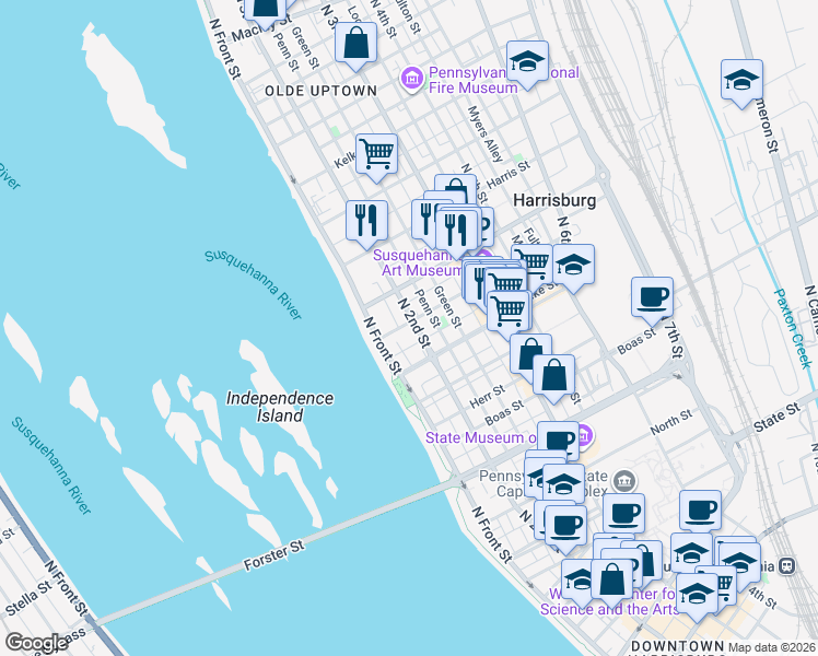 map of restaurants, bars, coffee shops, grocery stores, and more near 109 Calder Street in Harrisburg