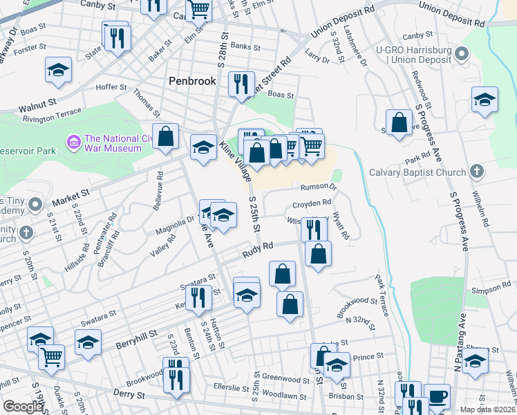 map of restaurants, bars, coffee shops, grocery stores, and more near 2605 Wilson Parkway in Harrisburg