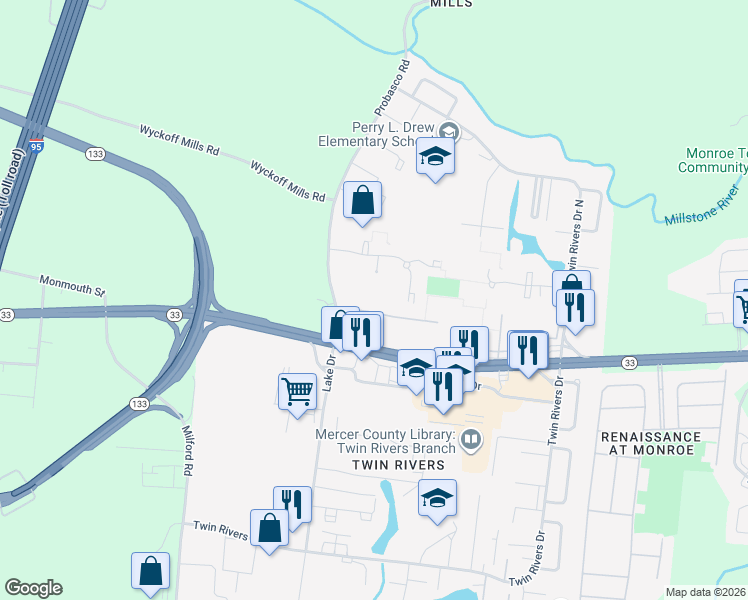 map of restaurants, bars, coffee shops, grocery stores, and more near E21 Avon Drive in East Windsor