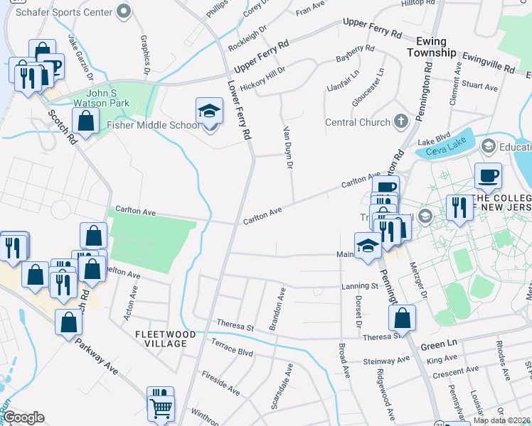 map of restaurants, bars, coffee shops, grocery stores, and more near 83 Carlton Avenue in Ewing Township