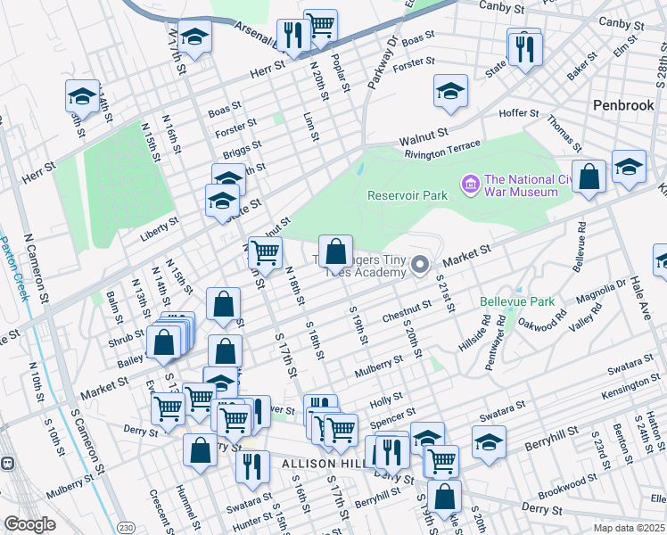 map of restaurants, bars, coffee shops, grocery stores, and more near 25 North 19th Street in Harrisburg