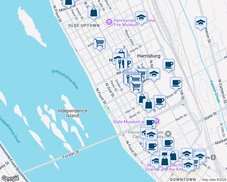 map of restaurants, bars, coffee shops, grocery stores, and more near in Harrisburg