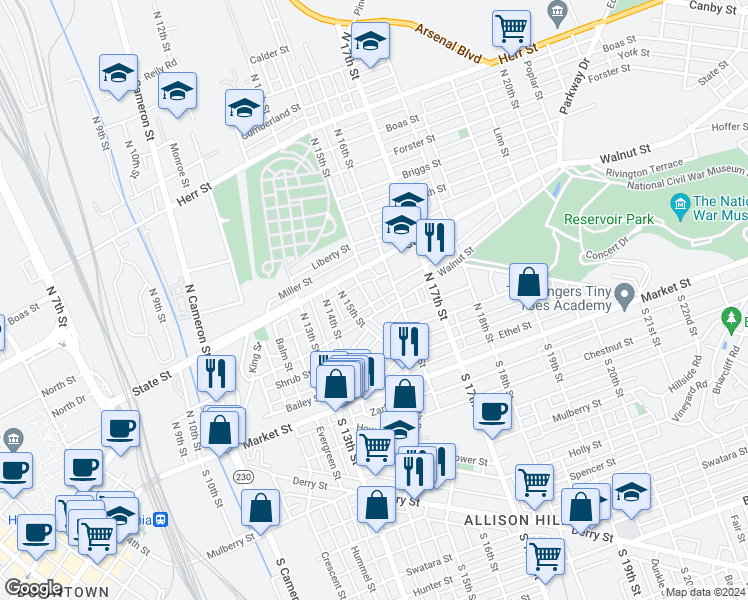 map of restaurants, bars, coffee shops, grocery stores, and more near 109 Hoerner Street in Harrisburg