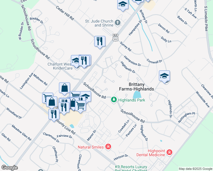 map of restaurants, bars, coffee shops, grocery stores, and more near 76 Queens Circle in Chalfont