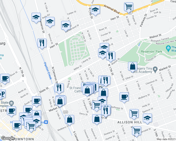 map of restaurants, bars, coffee shops, grocery stores, and more near 236 North 15th Street in Harrisburg