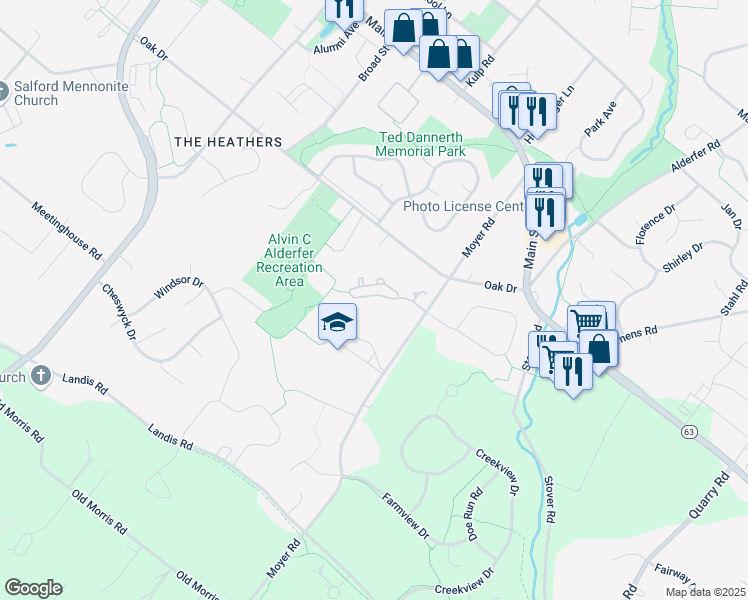 map of restaurants, bars, coffee shops, grocery stores, and more near 350 Pondview Drive in Harleysville