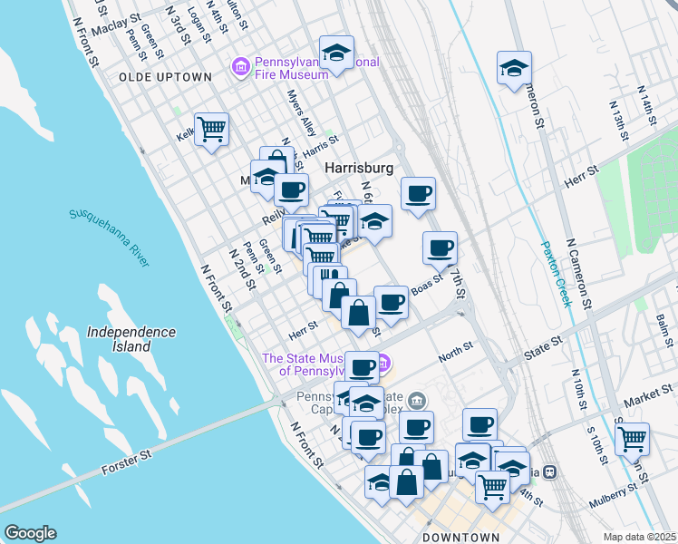 map of restaurants, bars, coffee shops, grocery stores, and more near 1220 Capital Street in Harrisburg
