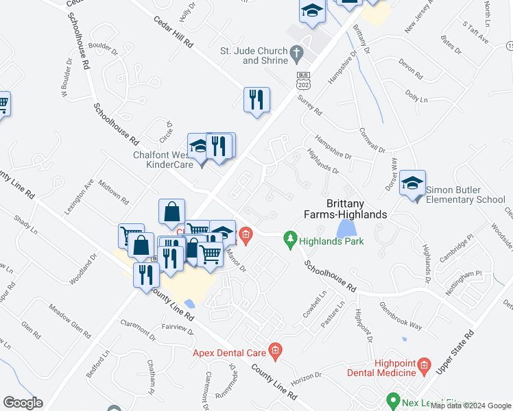 map of restaurants, bars, coffee shops, grocery stores, and more near 12 Cartlane Circle in Chalfont