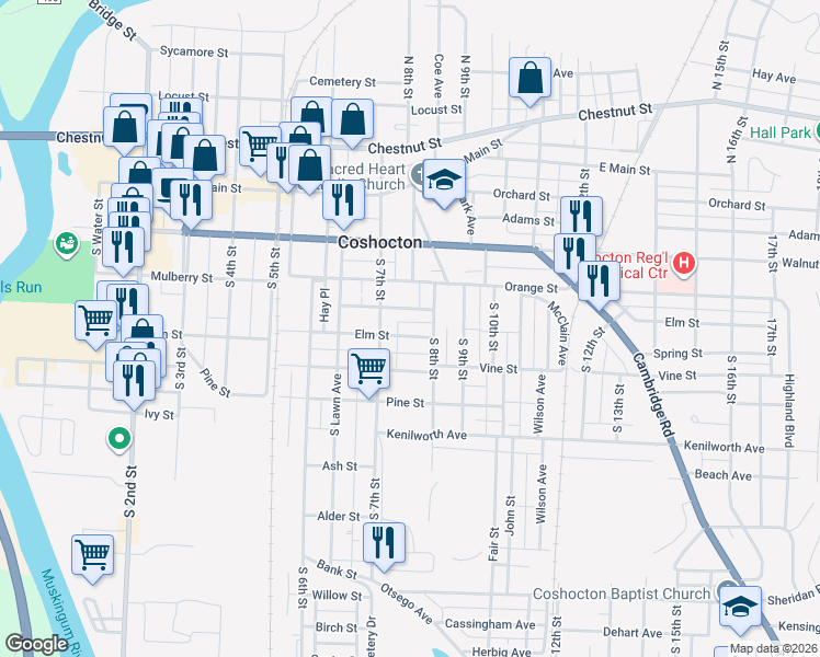map of restaurants, bars, coffee shops, grocery stores, and more near 751 Elm Street in Coshocton
