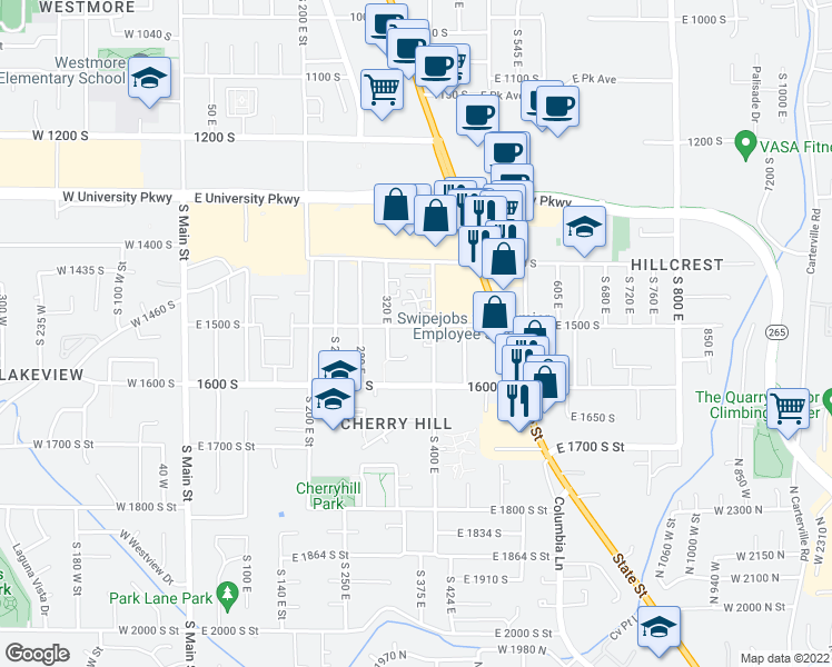 map of restaurants, bars, coffee shops, grocery stores, and more near 362 East 1500 South in Orem