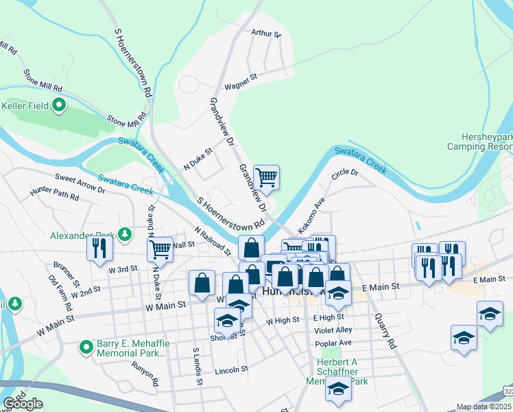 map of restaurants, bars, coffee shops, grocery stores, and more near 7 Grandview Drive in Hummelstown