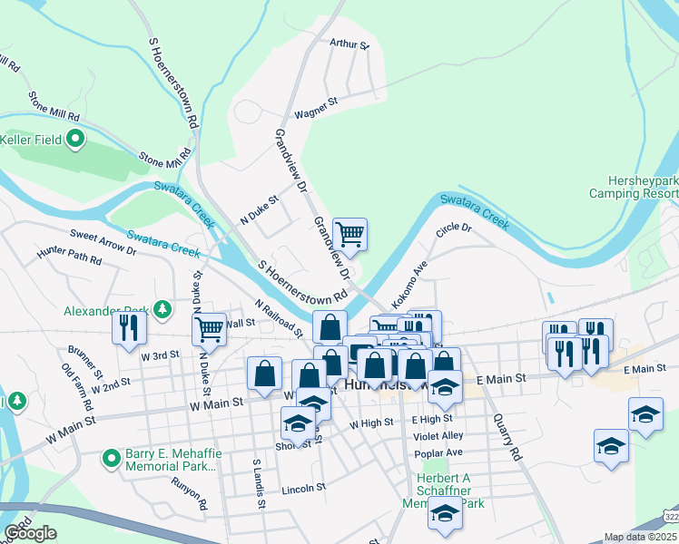 map of restaurants, bars, coffee shops, grocery stores, and more near 7 Grandview Drive in Hummelstown