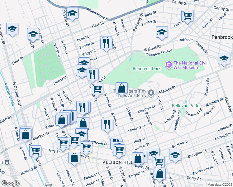 map of restaurants, bars, coffee shops, grocery stores, and more near 1843 Regina Street in Harrisburg