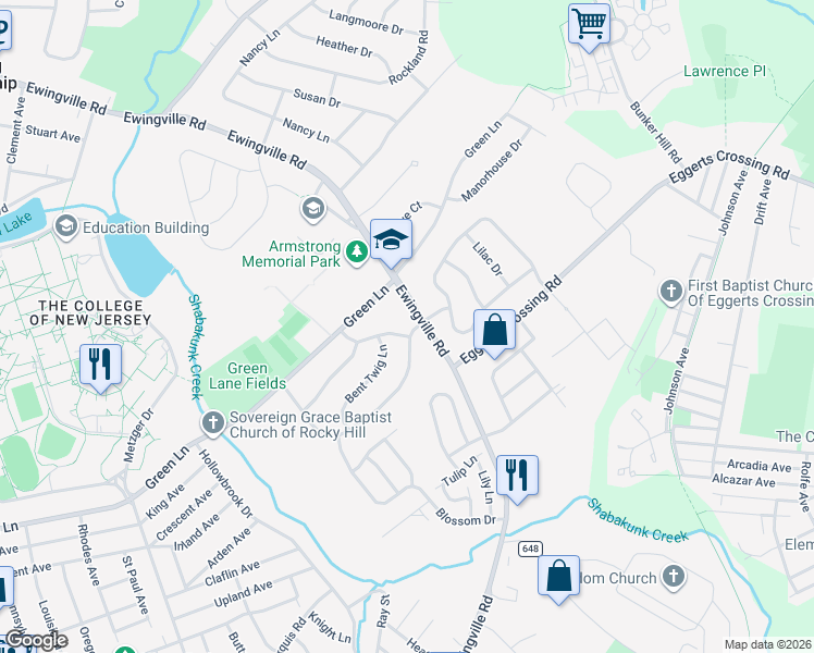 map of restaurants, bars, coffee shops, grocery stores, and more near 285 Ewingville Road in Ewing Township