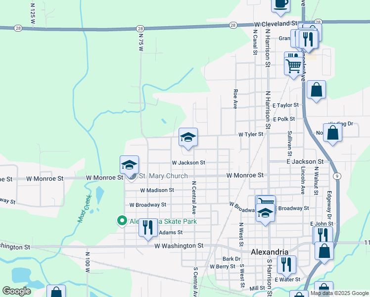 map of restaurants, bars, coffee shops, grocery stores, and more near 800 North Central Avenue in Alexandria